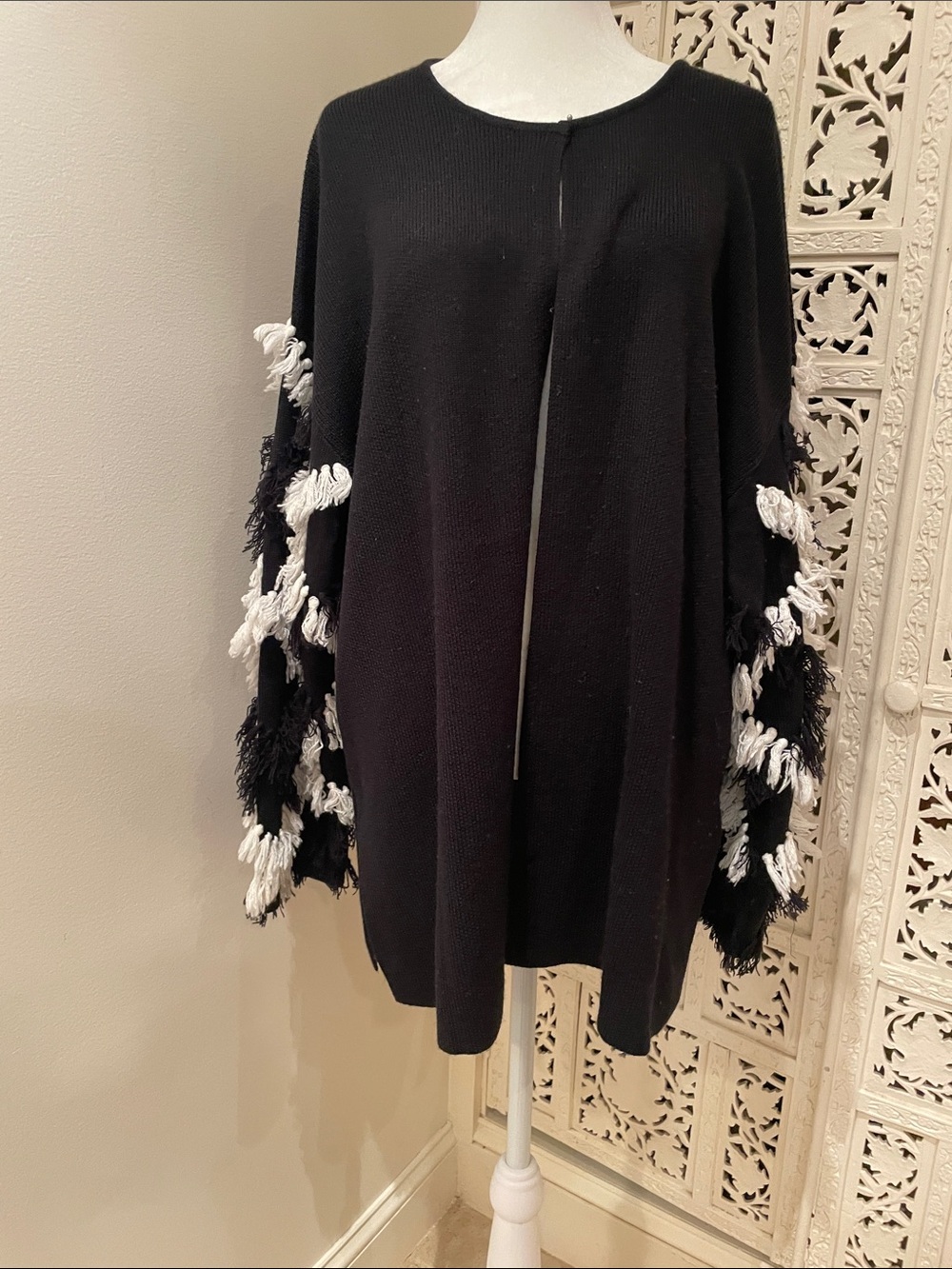 Kobi Halperin Black Sweater with White Fringe Sleeve Accents